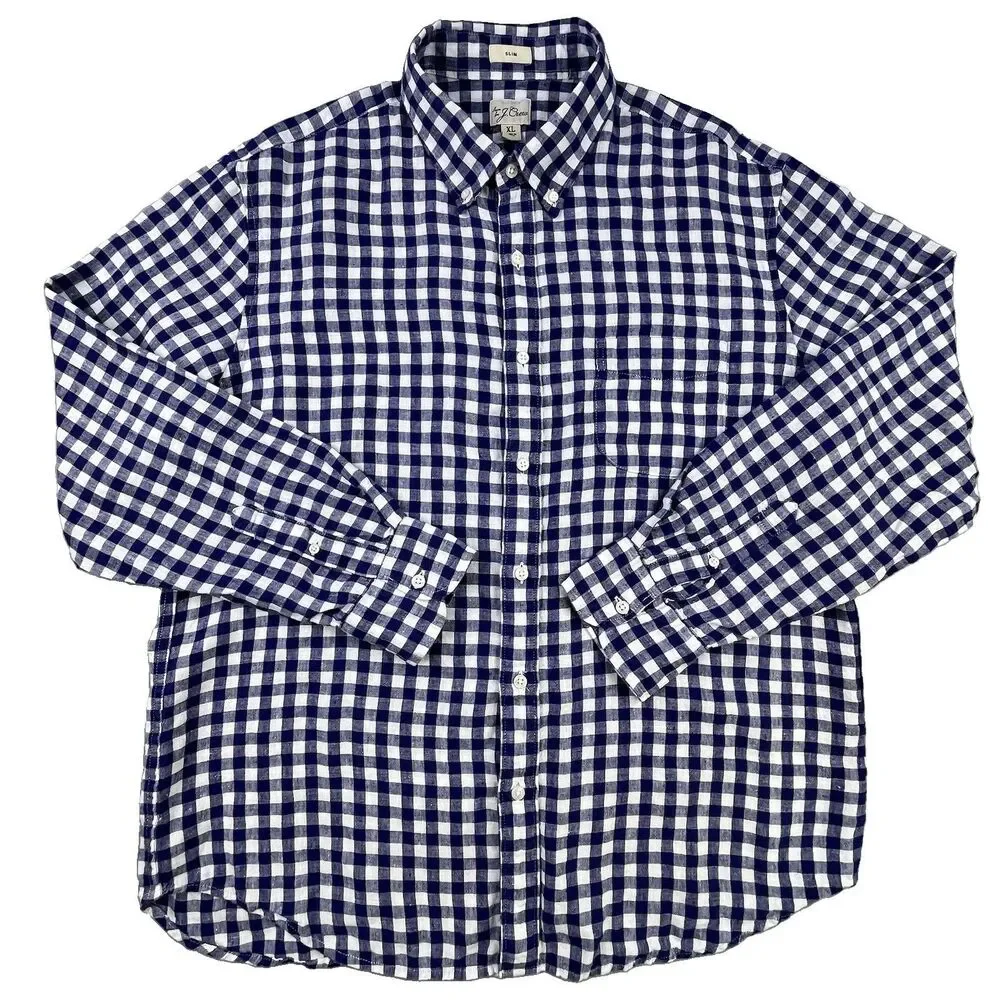 J.Crew Baird McNutt Irish Linen Shirt Men XL Blue White Plaid Button Long Sleeve